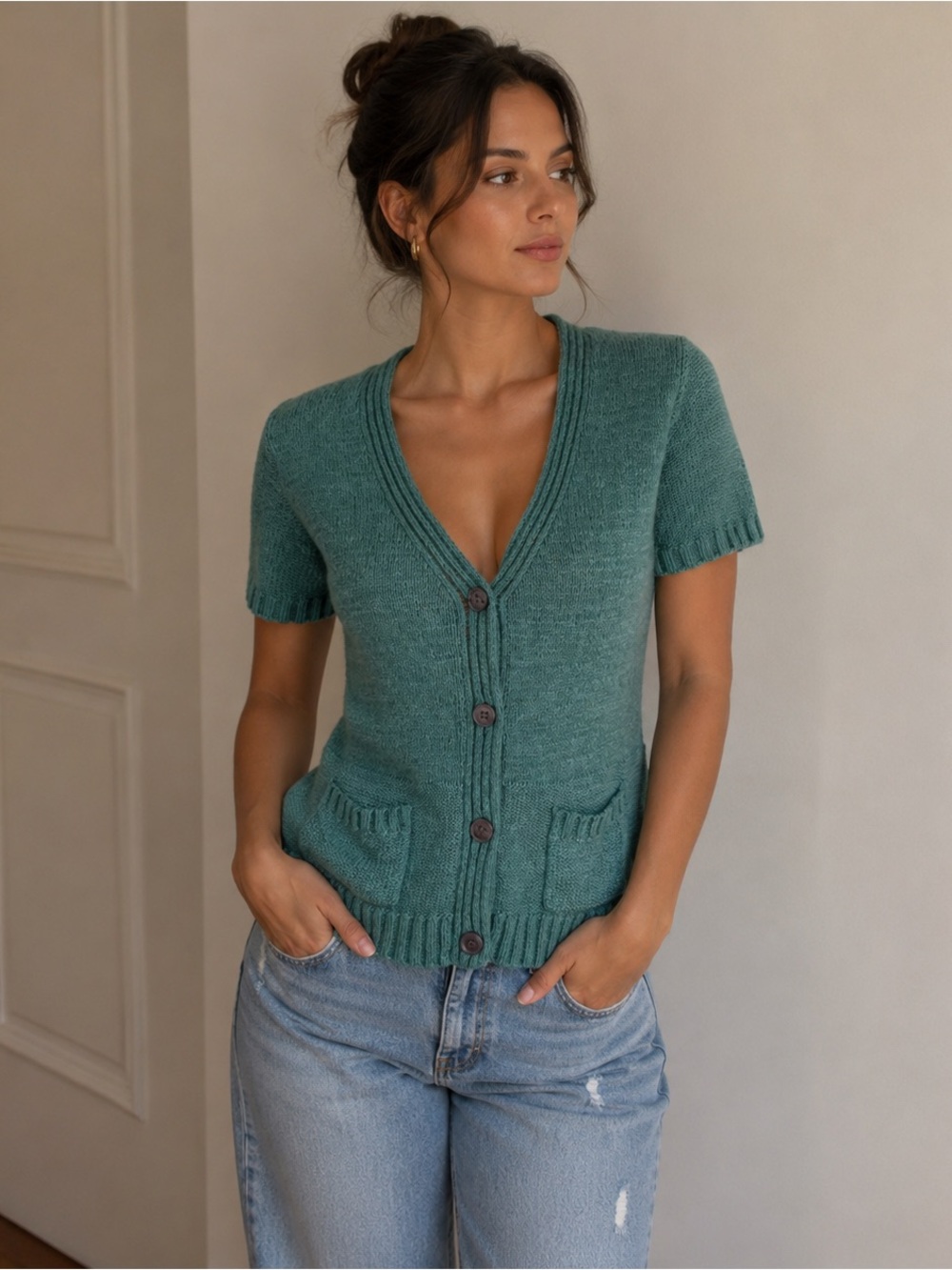 Jones Wear Petite Size PM Teal Short Sleeve Knit Cardigan
